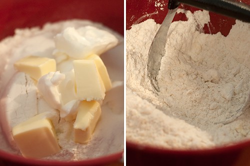 Butter, shortening, flour, salt, baking soda, and sugar in a mixing bowl.