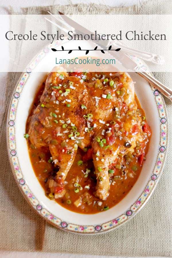 Creole Style Smothered Chicken - a whole butterflied chicken cooked under weight in a skillet and smothered with a creole sauce. https://www.lanascooking.com/creole-style-smothered-chicken/