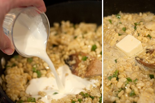 Adding the cream and butter to the skillet.