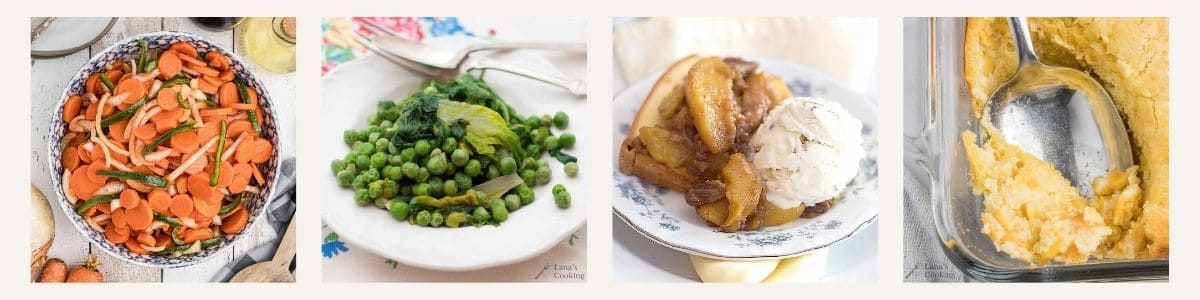 A bowl of cooked carrots and green beans, a plate of peas with lettuce, a dessert plate with baked apples and ice cream, and a casserole dish with a serving of cornbread removed.