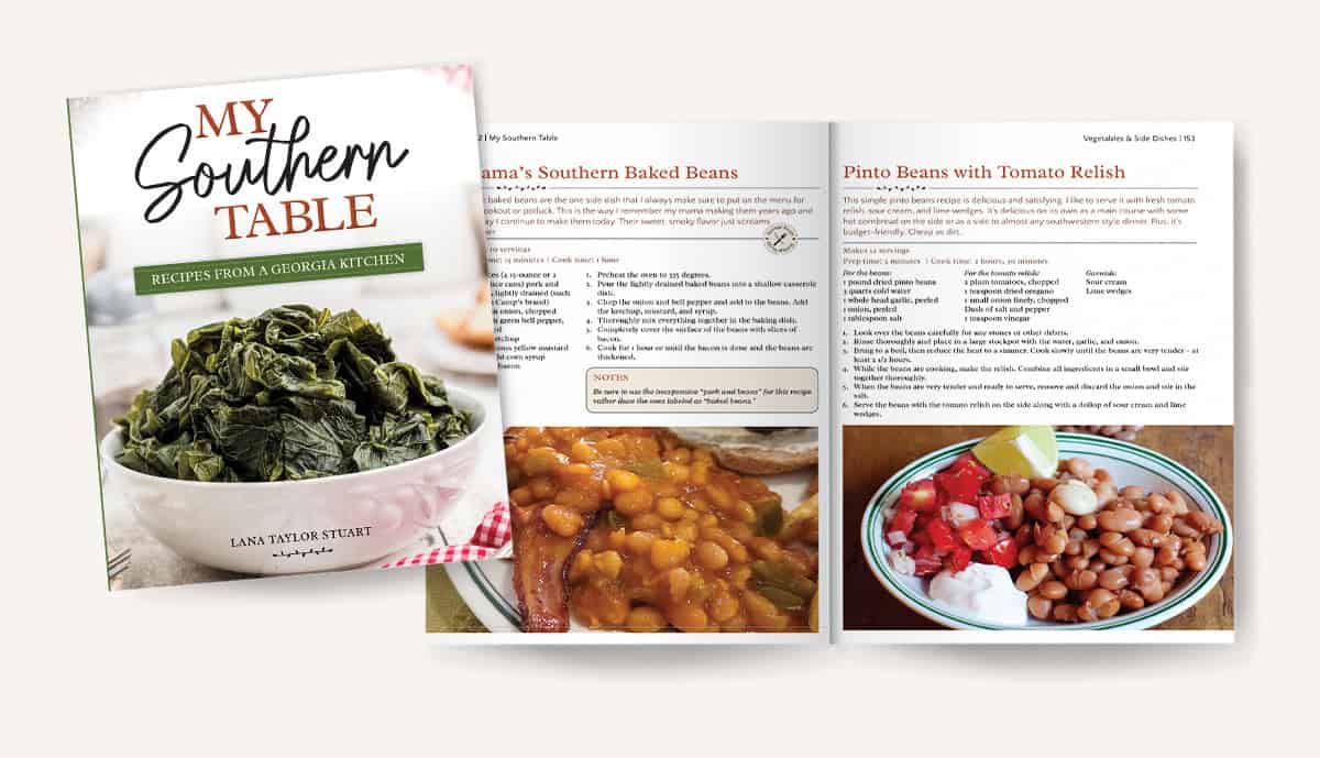 A cookbook titled My Southern Table is shown with an open spread displaying recipes for Mama&rsquo;s Southern Baked Beans and Pinto Beans with Tomato Relish, with photos of the dishes.