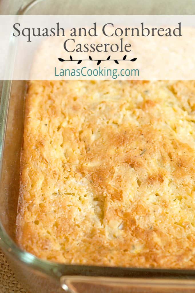Finished Squash and Cornbread Casserole in a baking dish.
