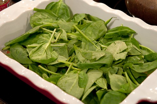 A layer of spinach added to the baking dish.