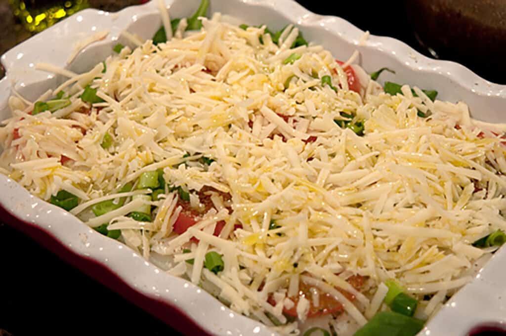 Remaining layers added to the baking dish.