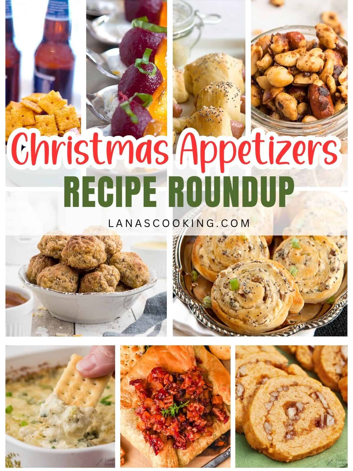 Collage of various Christmas appetizers, including dips, meatballs, pinwheels, and roasted nuts.