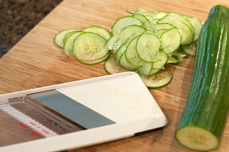 Thinly sliced cucumber and a mandolin.