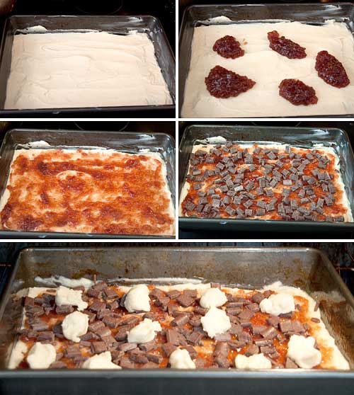 Photo collage showing the assembly of the batter in a baking pan.