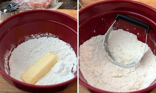 Cutting butter into flour in a mixing bowl.