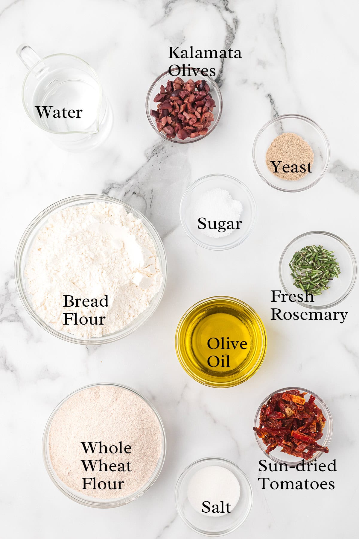 Ingredients for bread: water, olives, yeast, sugar, flour, rosemary, oil, tomatoes, whole wheat flour, and salt.