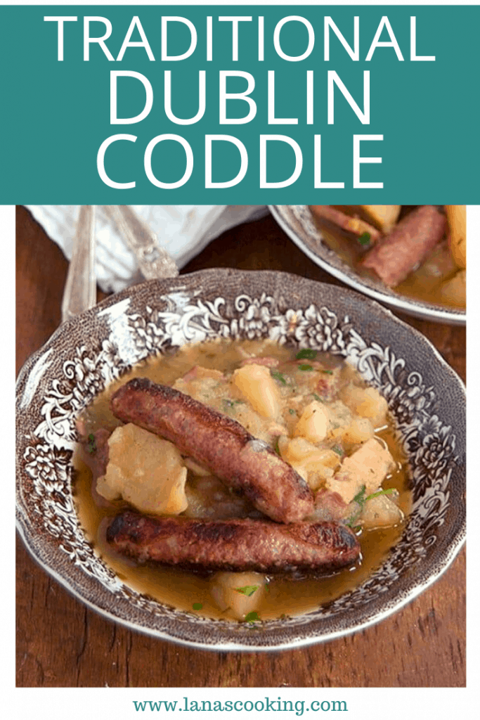 Dublin Coddle - a traditional Irish stew of onions, potatoes, bacon, and sausages. Serve with soda bread spread with lots of butter! https://www.lanascooking.com/dublin-coddle/