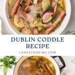 A bowl and pot of Dublin coddle with sausages, bacon, potatoes, onions, and parsley garnish.