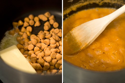 Melting butterscotch chips in a small saucepan.