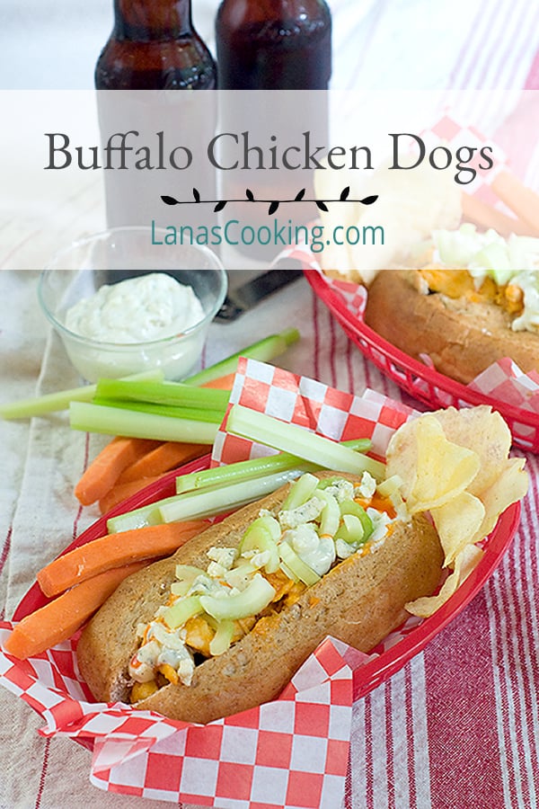 These Buffalo Chicken Dogs make an easy and quick weeknight dinner. Brats topped with purchased Buffalo style chicken topped with blue cheese and celery. https://www.lanascooking.com/buffalo-chicken-dogs/