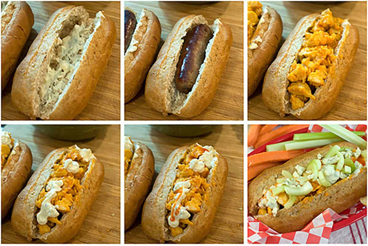 Six images show the step-by-step assembly of a Buffalo chicken hot dog with various fillings.