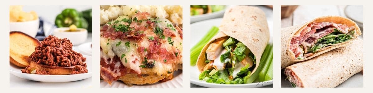 Four close-up images:  sloppy joe on a bun, bistro chicken, Buffalo chicken wrap with lettuce, and a bacon, lettuce, avocado, tomato wrap.