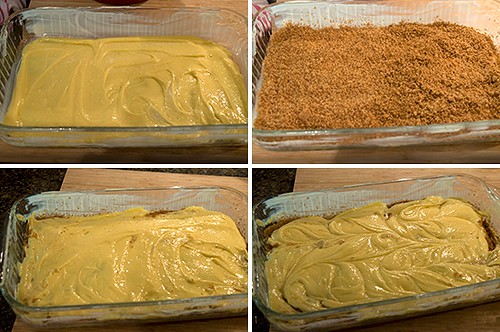 Photo collage illustrating how to layer the batter in the baking dish.