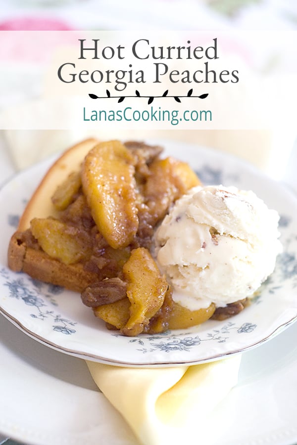 Curried peaches over pound cake with a scoop of ice cream.