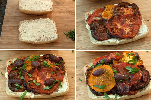 Photo collage showing assembly of sandwich.