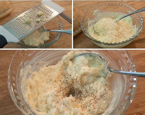 Photo collage with small mixing bowl showing sandwich spread mixture.