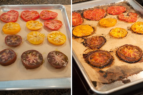 On the left, sliced fresh tomatoes; on the right, tomato slices after roasting.