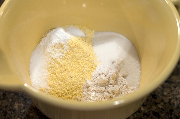 Dry ingredients in a mixing bowl.