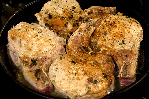 Add all chops to pan for Apple Pecan Stuffed Pork Chops
