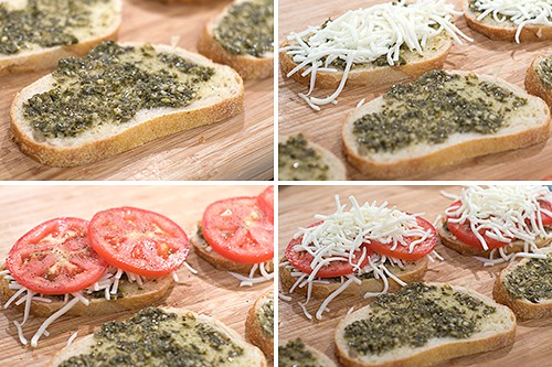 Photo collage showing assembly of the caprese grilled cheese sandwiches