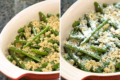 Breadcrumbs and Parmesan cheese topping added to green beans.