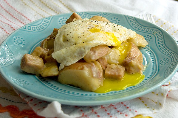 Leftovers from the recipe with a fried egg on top.