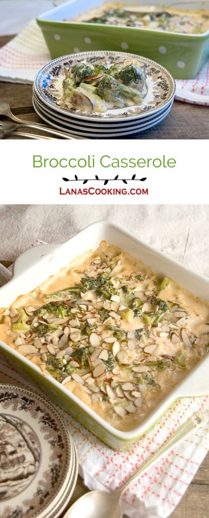 Cheesy Baked Broccoli Casserole topped with sliced almonds is a great side dish for all occasions. https://www.lanascooking.com/broccoli-casserole/
