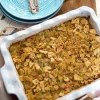 Finished casserole in a baking dish.