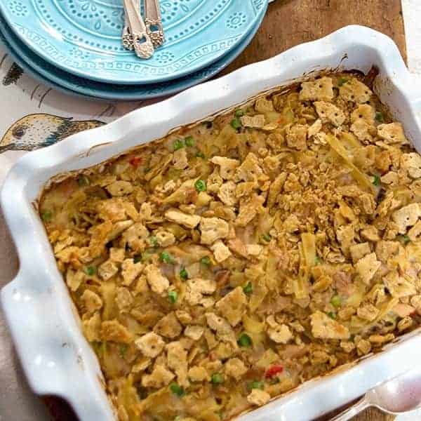 Finished casserole in a baking dish.