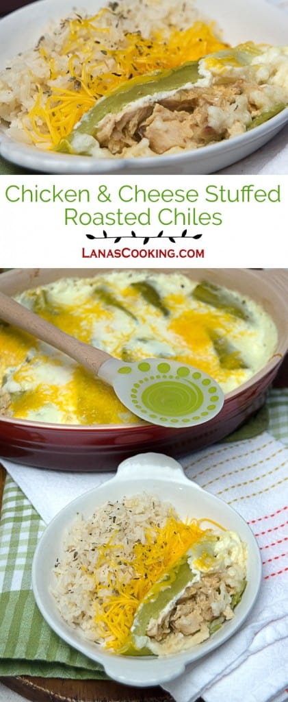 These Chicken and Cheese Stuffed Roasted Chiles are filled with a mixture of chicken, onion, cheese, and spices and cooked in a savory custard. https://www.lanascooking.com/chicken-cheese-stuffed-roasted-chiles/