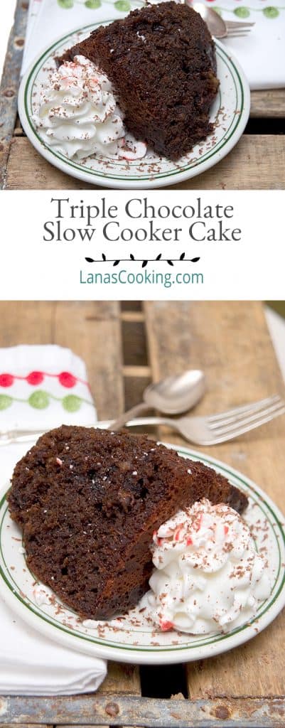 This delicious Triple Chocolate Slow Cooker Cake uses a boxed cake mix for convenience. Serve with whipped cream or ice cream. https://www.lanascooking.com/triple-chocolate-slow-cooker-cake/