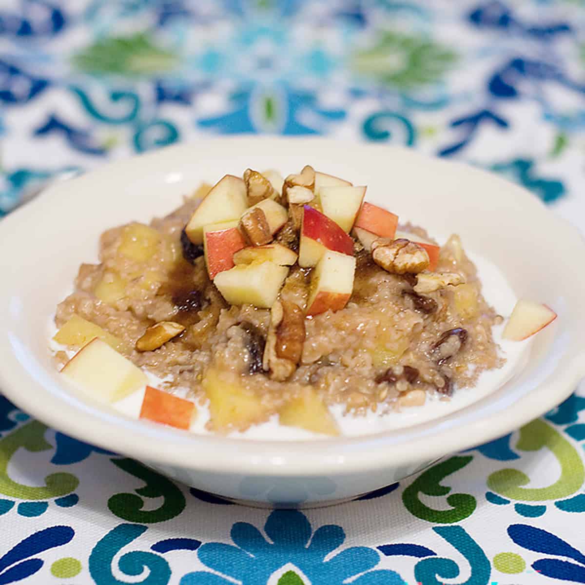 A serving of apple pie oatmeal in a white bowl.