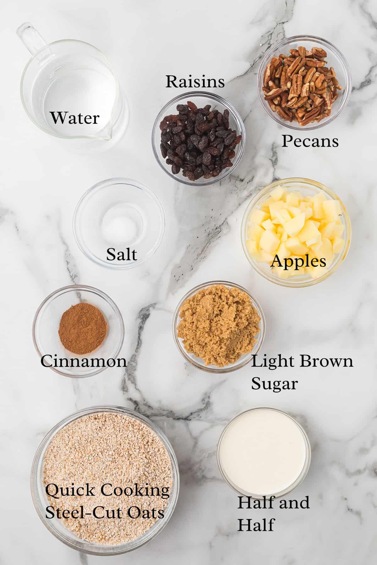 Labeled photo of the ingredients needed to make apple pie oatmeal.