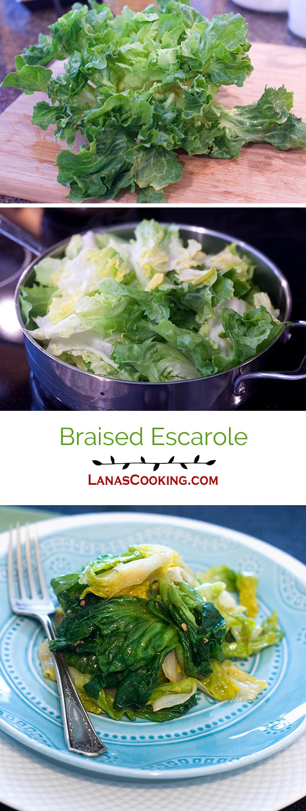 Lovely green escarole braised with olive oil, garlic, red pepper, and lemon juice. https://www.lanascooking.com/braised-escarole