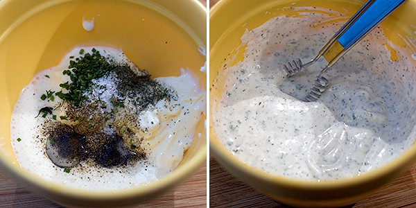 All ingredients being mixed together in a yellow bowl.