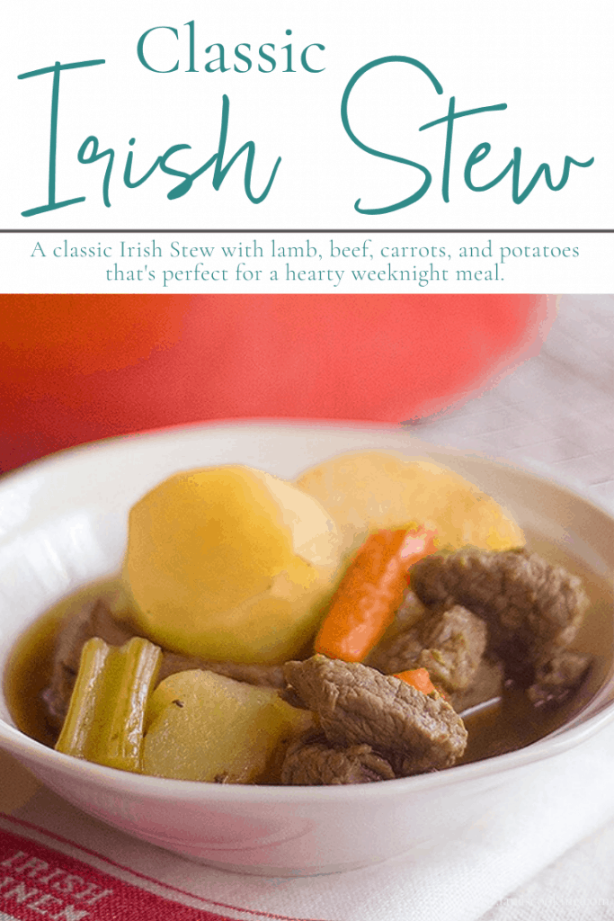 Enjoy this classic Irish Stew with lamb, beef, carrots, and potatoes for St. Patrick's Day or any time! https://www.lanascooking.com/irish-stew