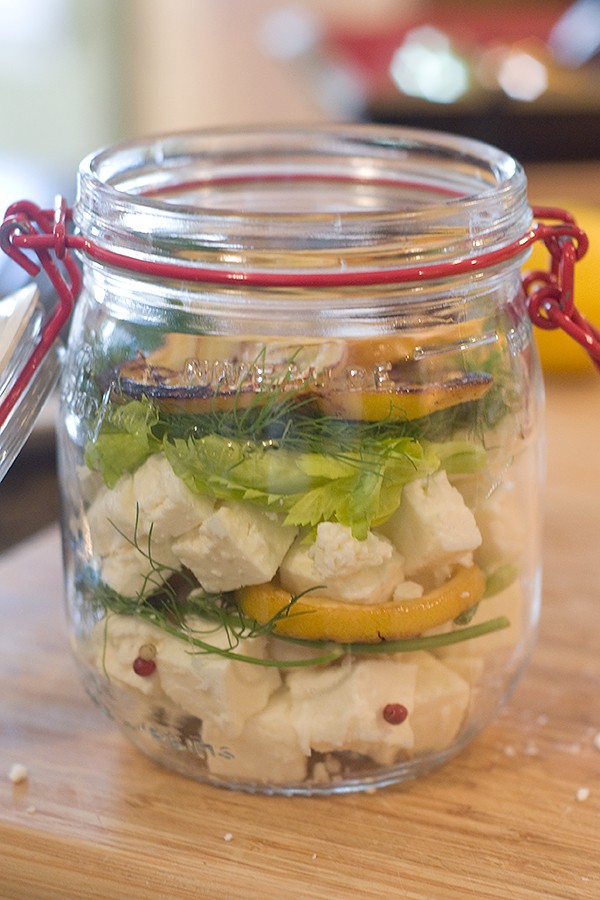 Glass jar filled with recipe ingredients.