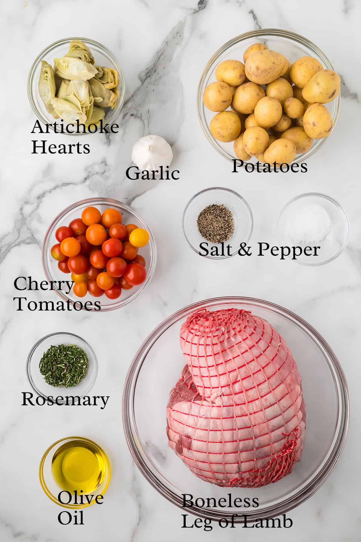 Ingredients needed to make roasted boneless leg of lamb.