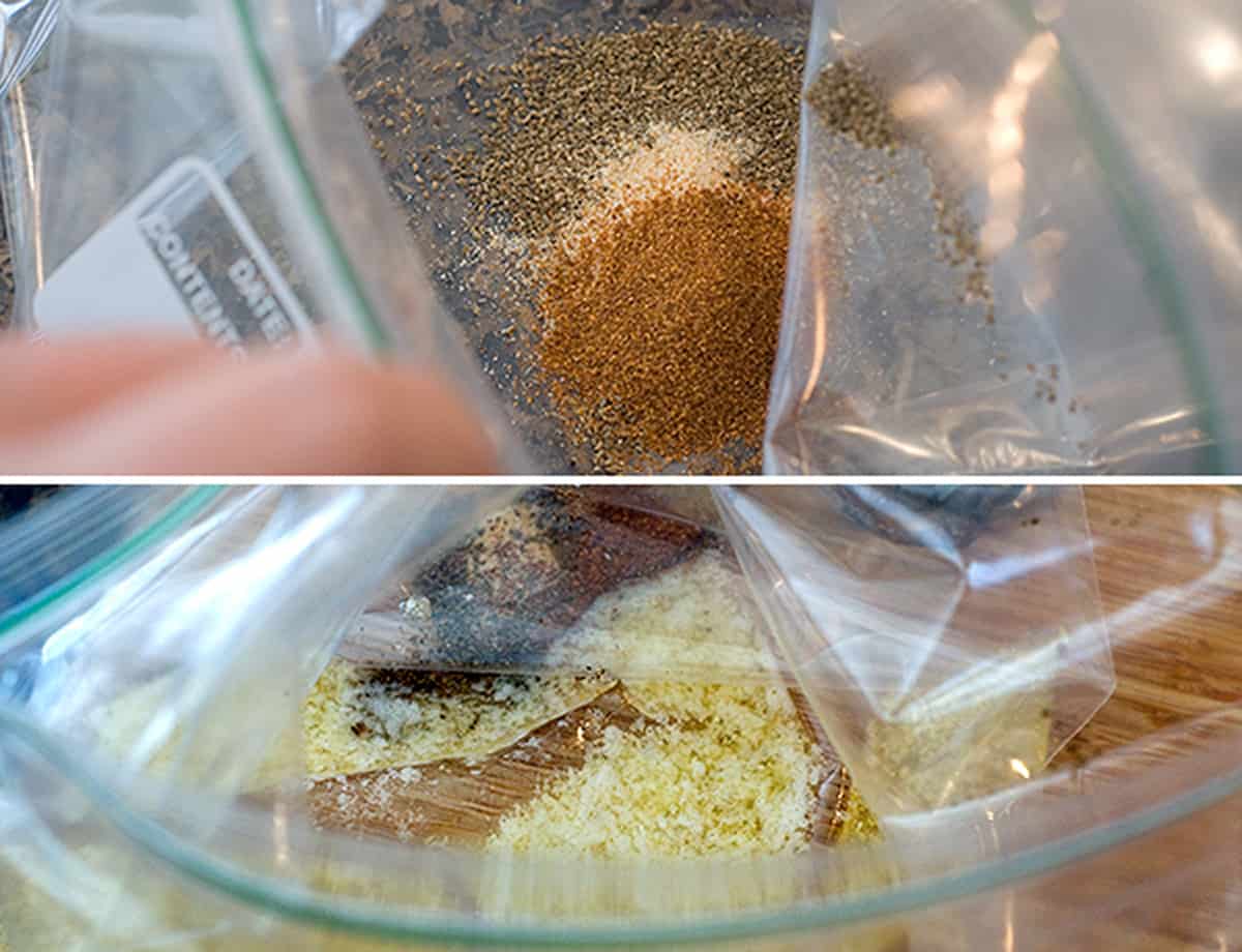 Spices measured into a resealable bag.