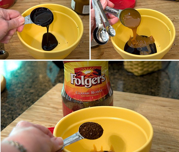 Measuring chocolate syrup, caramel syrup, and instant coffee into a small bowl.