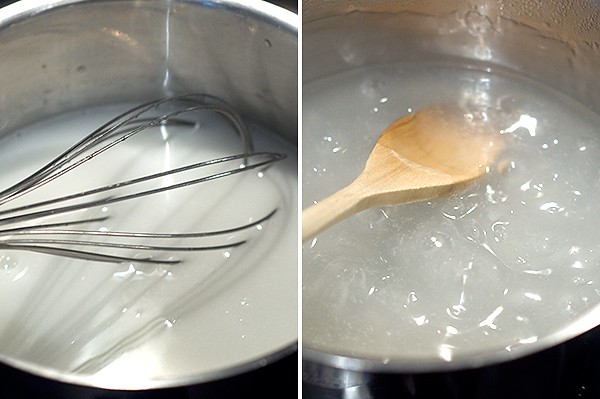 Sugar, cornstarch, and water boiling in a saucepan.