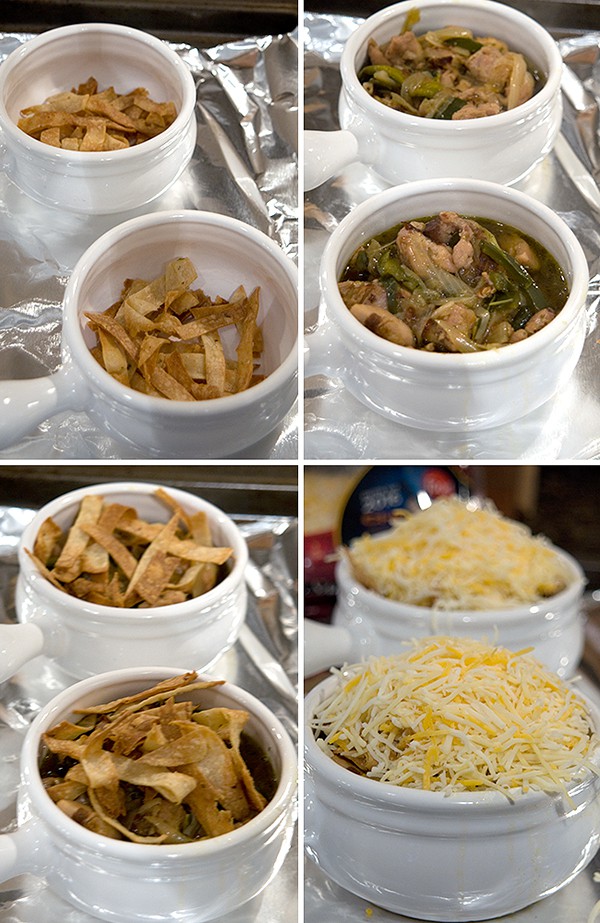 Assembling the soup in ramekins.