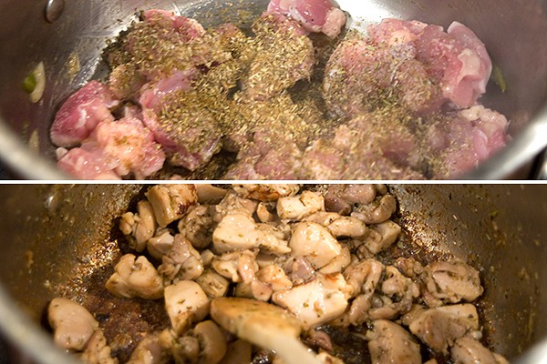 Chicken cooking in a skillet with oregano and cumin.