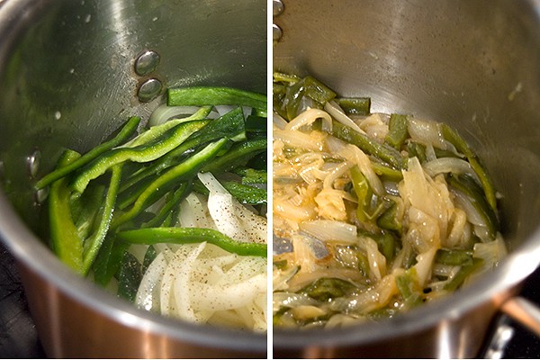 Cooking onions and poblanos in a saucepan.
