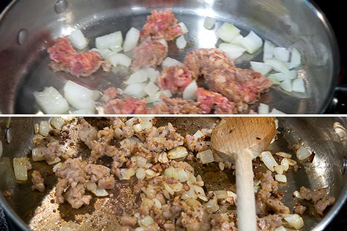 Browning Italian Sausage and onions in a skillet.