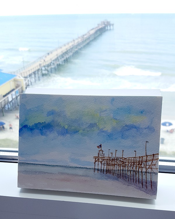 Watercolor of Cherry Grove Beach Pier https://www.lanascooking.com/myrtle-beach