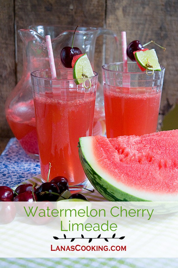 Deliciously refreshing summer time drink - a mix of watermelon juice, sparkling cherry juice, and lime. https://www.lanascooking.com/watermelon-cherry-limeade